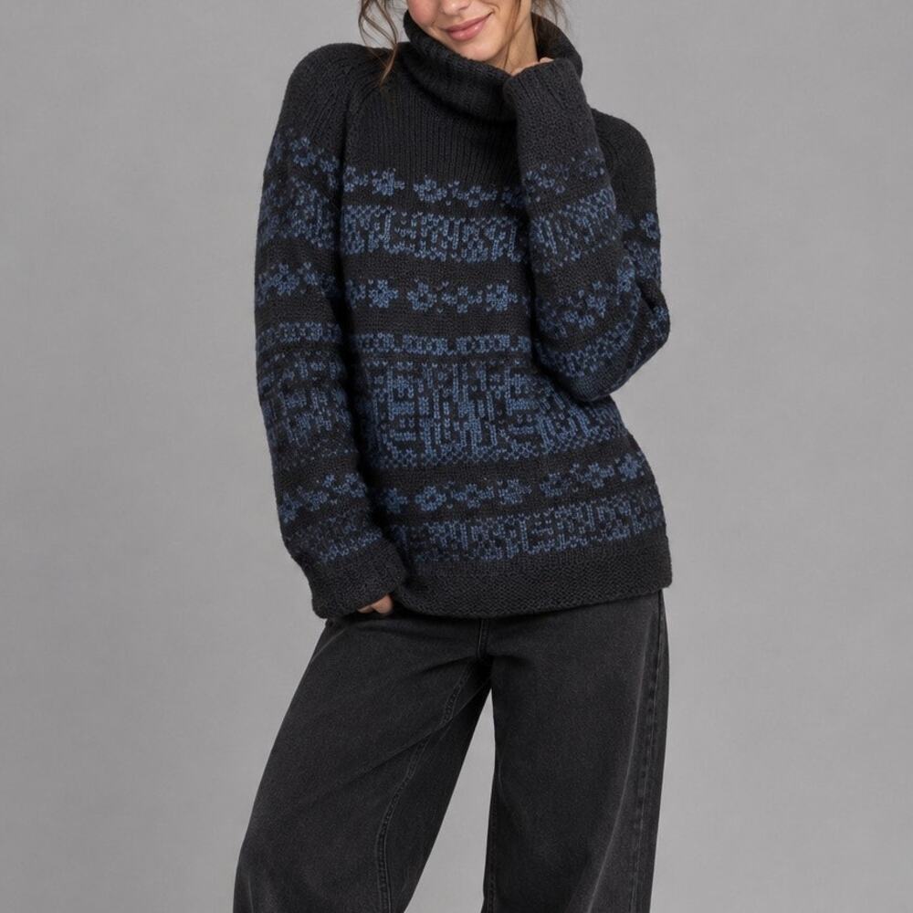Theory Rosalin Wool Fair Isle Dark Blue Chunky Turtleneck Sweater Womens Small